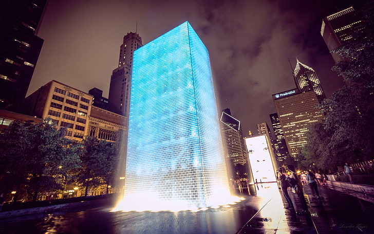 white and blue high-rise building, Chicago, fountain, glowing, HD wallpaper