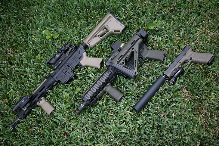 three black and gray rifles, grass, gun, weapons, assault rifles