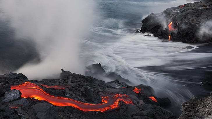 Lava, Landscape, Water, Volcano, hawaii volcanoes national park