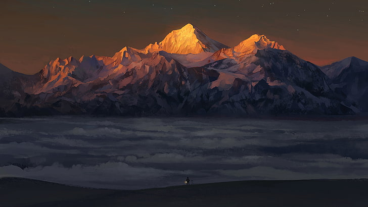 mountains above clouds painting, sunrise, snow, stars, lantern