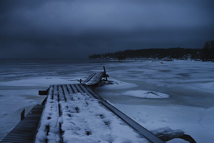gray scale photo of snowed beach dock, Old Dock, nikon  d600, HD wallpaper