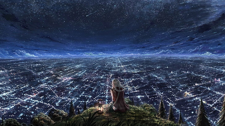 cityscape wallpaper, woman in red coat beside lamp on edge of mountain showing city view during nightime, HD wallpaper