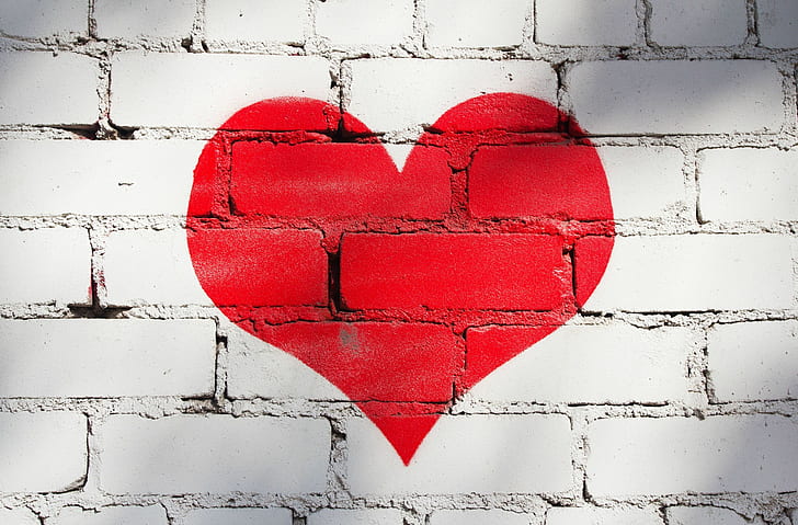 Love heart, Painted wall, 4K, Brick wall, Red