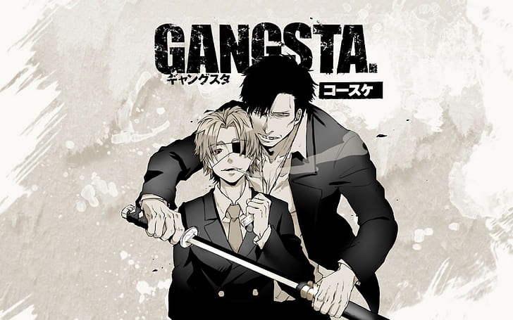 gangsta nicolas brown arcangelo worick anime, text, two people