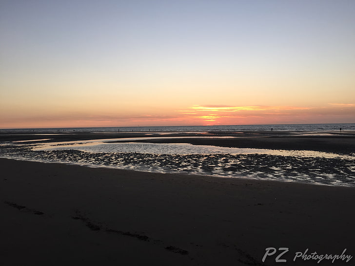 shore near ocean at golden hour, beach, sand, sunset, sky, sea