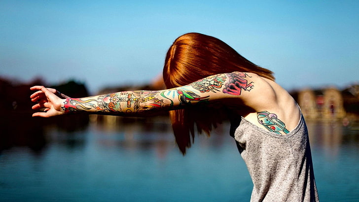 women's gray sleeveless top, tattoo, redhead, tank top, women outdoors, HD wallpaper