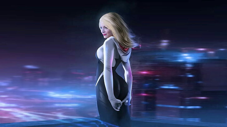 women's white and black long-sleeved top, Spider-Gwen, Emma Stone, HD wallpaper