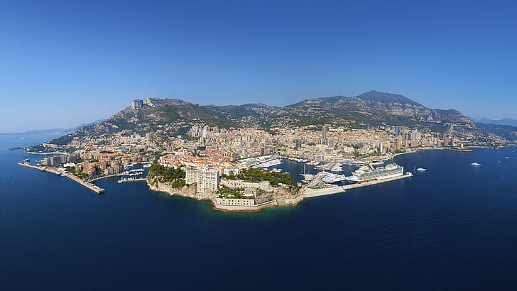 landscape, Monaco, sea, city, hills