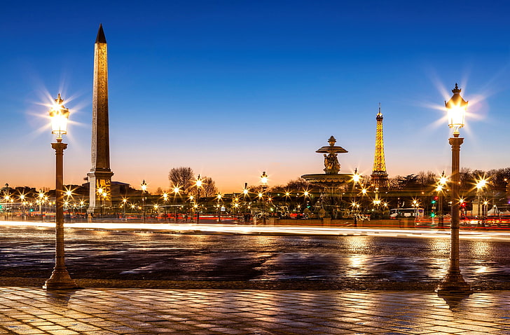 obelisk tower, road, bridge, the city, France, Paris, the evening, HD wallpaper