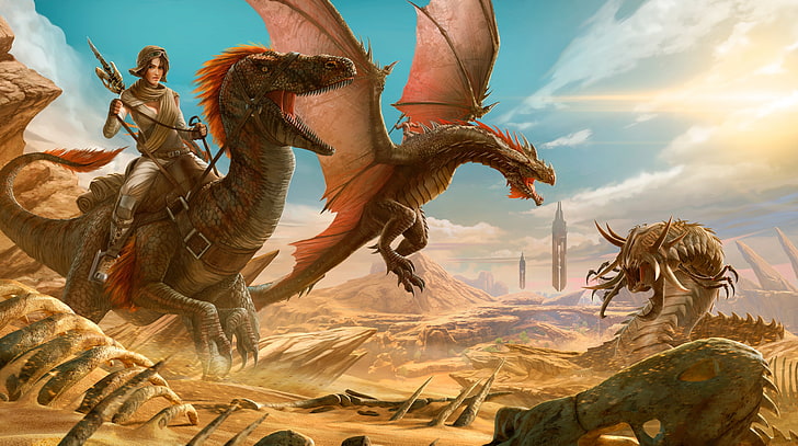 ARK Survival Evolved, man riding dinosaur illustration, Games, HD wallpaper