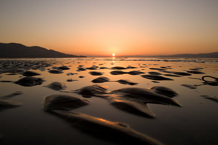 silhouette photo of sand near shoreline during golden hour, Sunset