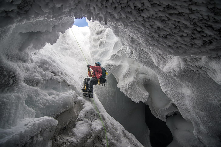 men's red jacket, ice, Arctic, cave, climbing, people, sport