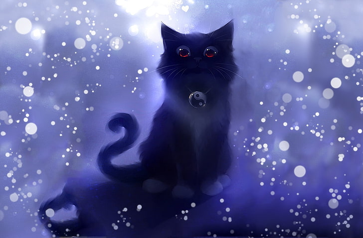 black cat with yin yang collar illustration, circles, figure