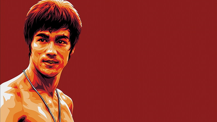 Bruce Lee, illustration, red background, vector, portrait, headshot