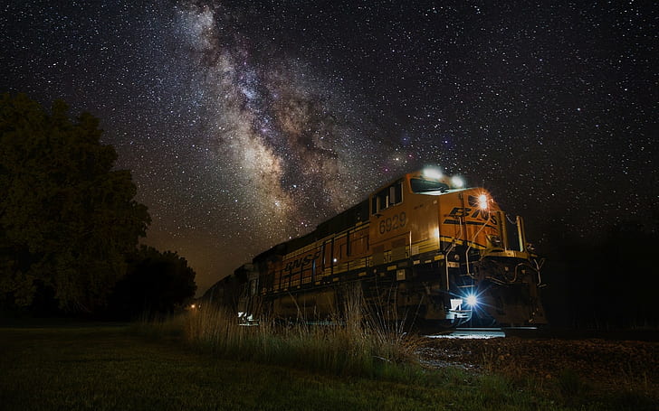 diesel locomotive, trees, train, starry night, Milky Way, grass