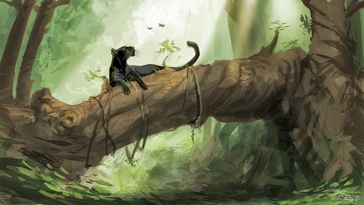 black panther reclining on tree wallpaper, fantasy art, panthers
