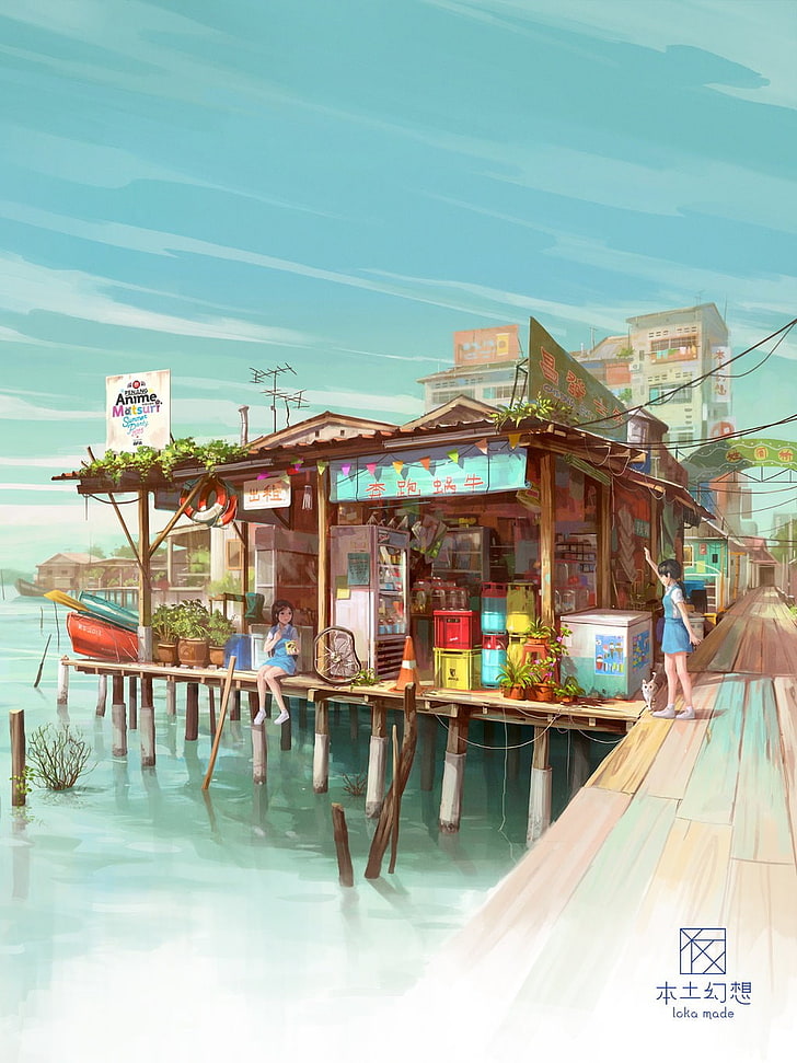water, dock, anime, landscape, sky, nature, architecture, built structure