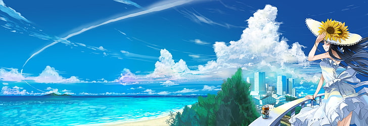 anime, anime girls, original characters, sky, water, blue, sea