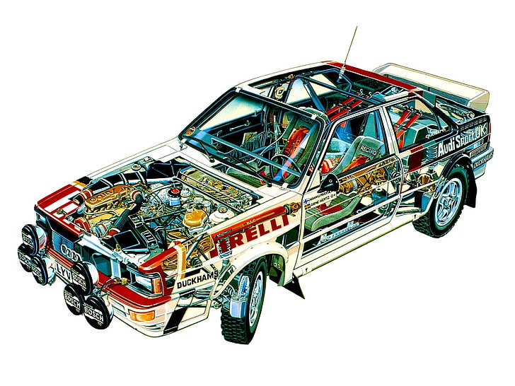 1981, audi, car, cutaway, engine, group, interior, quattro