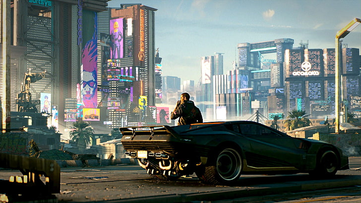 man standing beside car digital wallpaper, Cyberpunk 2077, video games