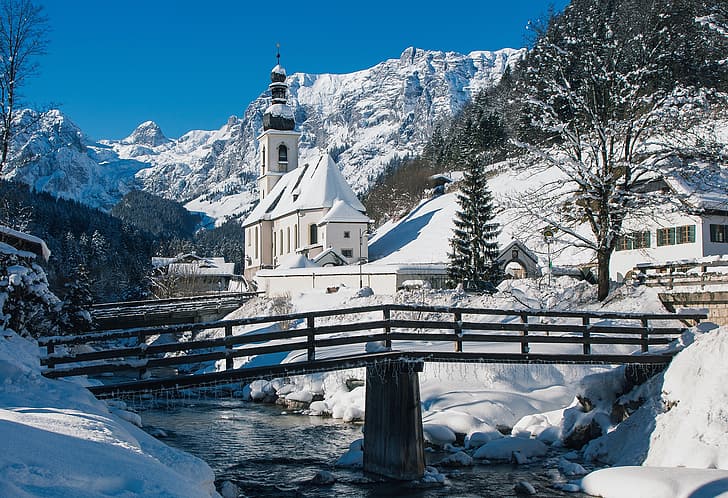winter, trees, mountains, bridge, river, Germany, Bayern, Church, HD wallpaper