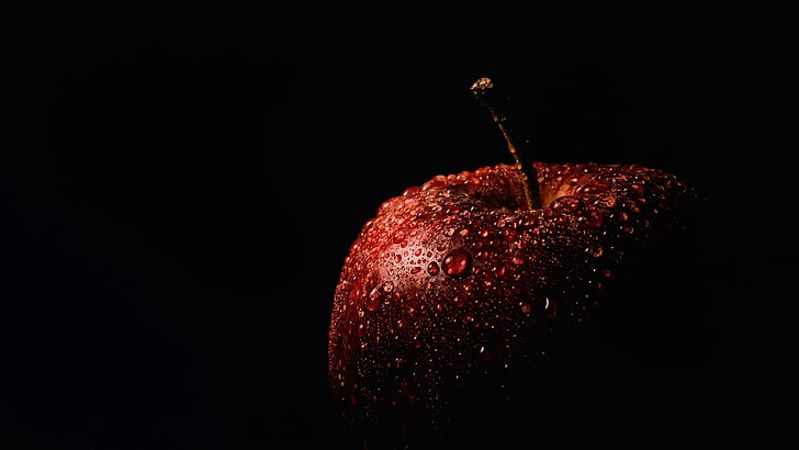 macro photography, darkness, night, apple, dorps, waterdrops, HD wallpaper