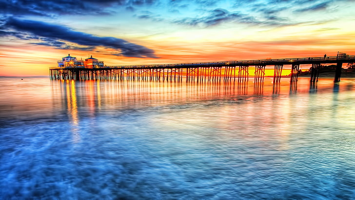body of water, landscape, pier, sea, sunset, sky, cloud - sky, HD wallpaper