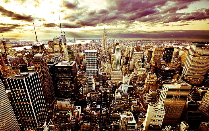 Empire State building, city, night, sky, clouds, america, new york