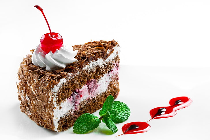 chocolate cake, food, cream, dessert, cherry, sweet, mint, cherries, HD wallpaper