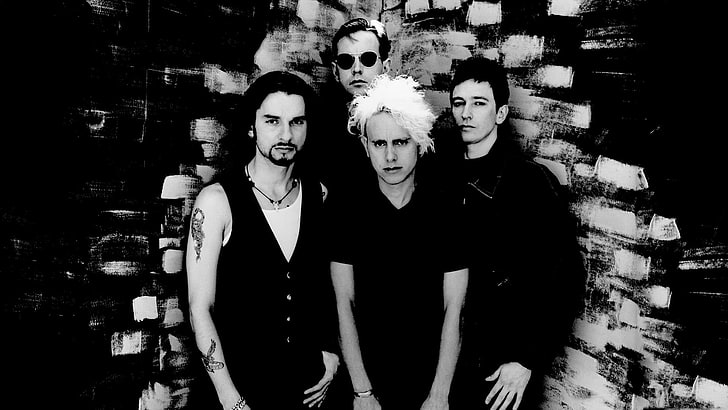 four men, depeche mode, band, glasses, wall, tattoo, black And White
