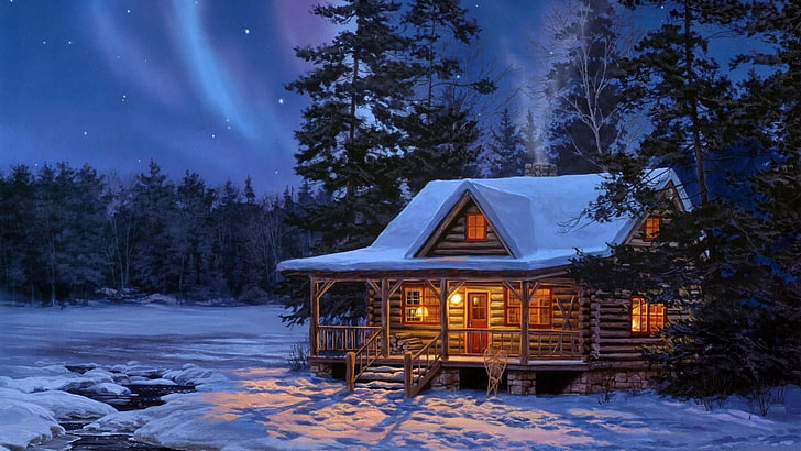 winter, log cabin, house, snowcovered, forest, night, stars