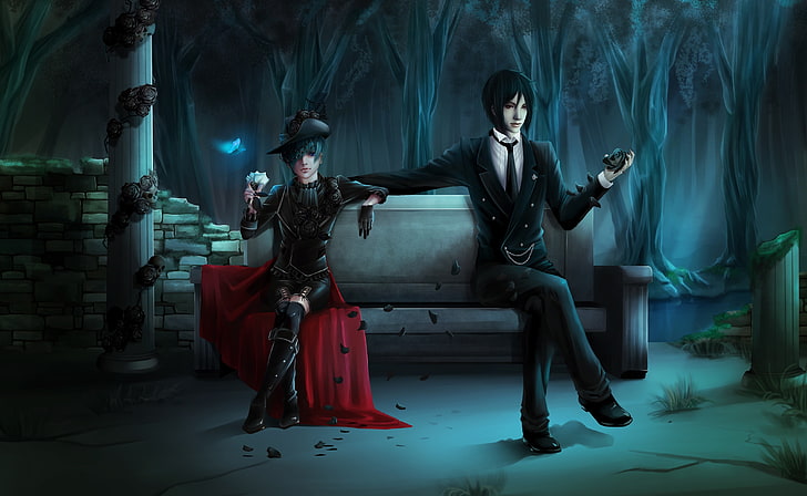 two male and female characters sitting on bench illustration, HD wallpaper