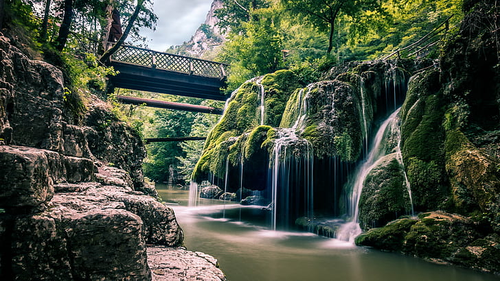 black metal bridge on green mountain with waterfalls, Bigar waterfall, HD wallpaper