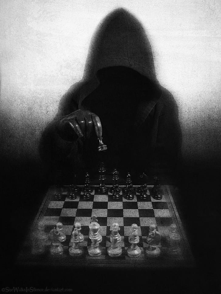 digital art grim reaper death dark monochrome spooky chess board games pawns hoods portrait display