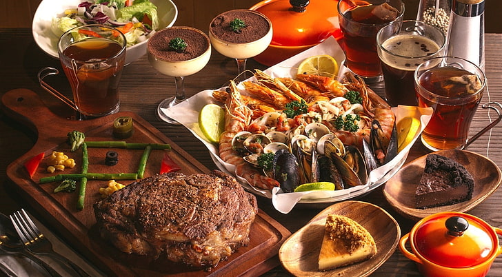 table arrangement, food, steak, wine, dessert, Sea food, food and drink, HD wallpaper