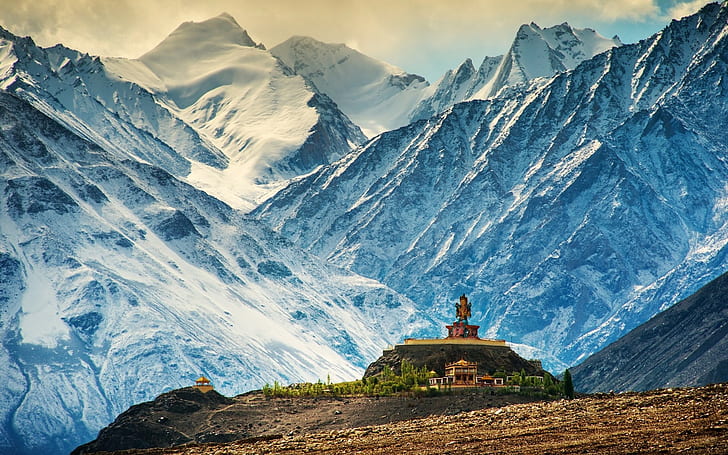 rock, snowy mountain, landscape, Himalayas, hills, India, building, HD wallpaper