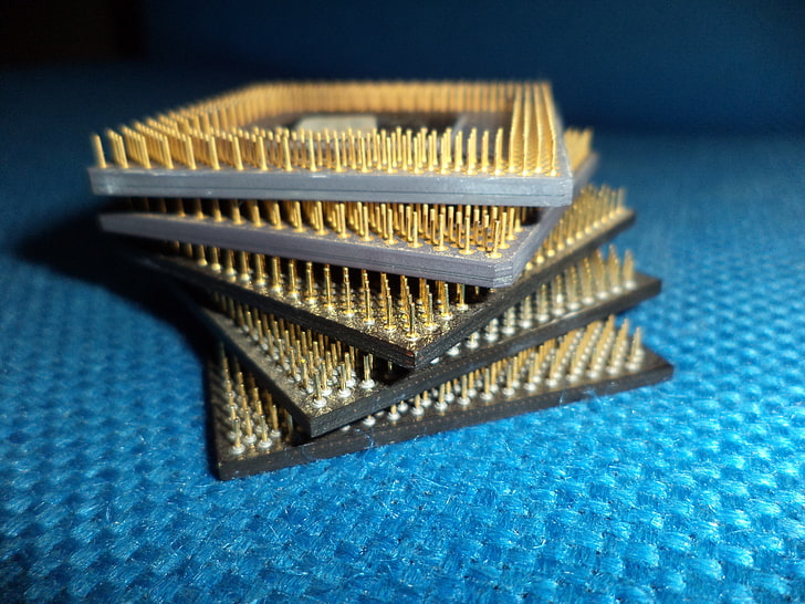 five CPU, macro, microchip, dust, gold, processor, indoors, no people