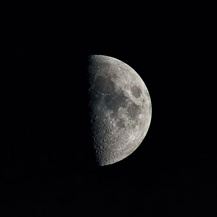 photo of half moon, night  sky, dark  nature, space, moonlight