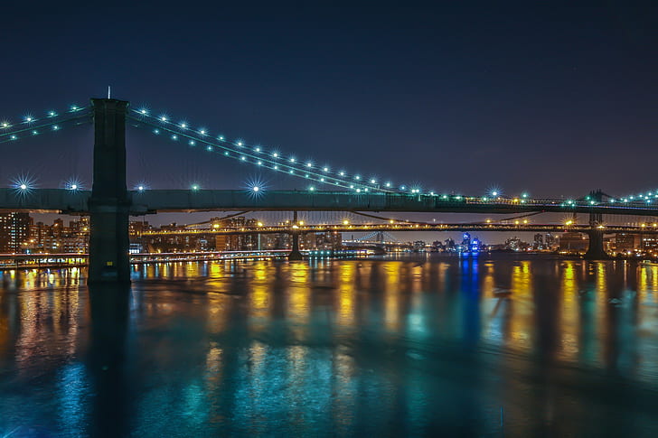 Brooklyn, Manhattan, lights, city, New York City, night, bridges, HD wallpaper