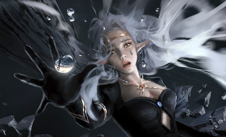 girl, fantasy, cleavage, water drops, face, painting, elf, reflection