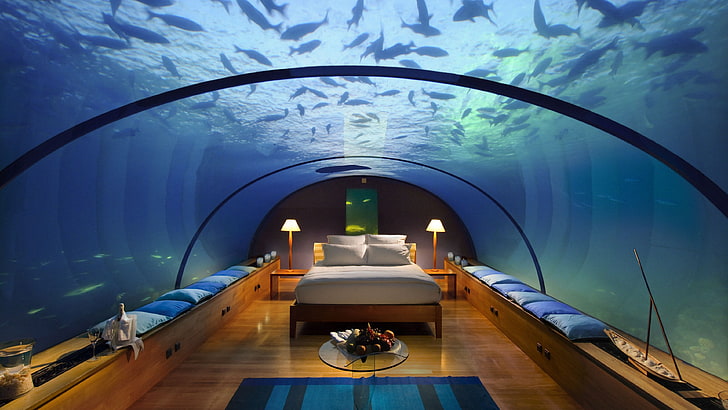 aquarium bedroom, Conrad Maldives Rangali Island Hotel, Best Hotels of 2015, HD wallpaper