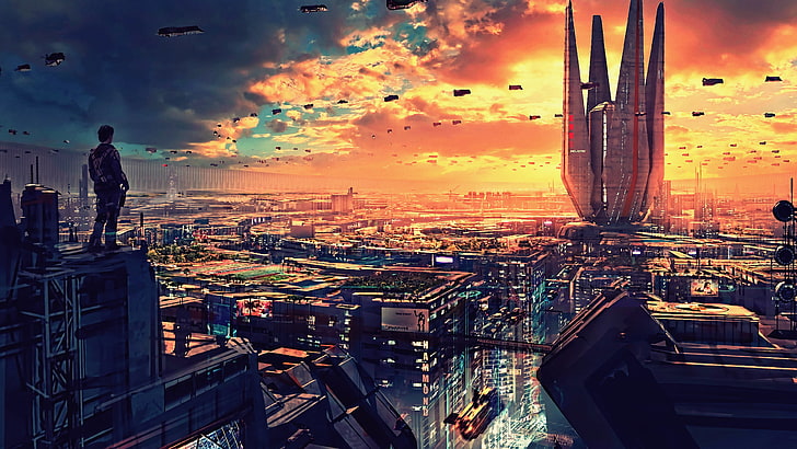 person standing on top of building wallpaper, artwork, futuristic city