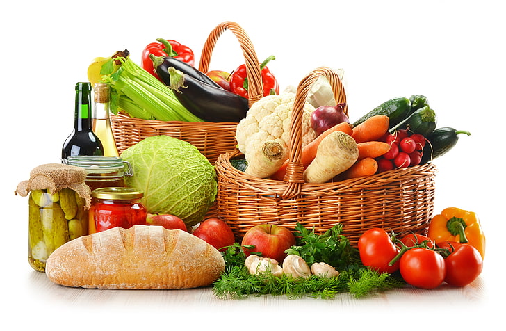 brown wicker basket, greens, wine, red, white, apples, mushrooms, HD wallpaper