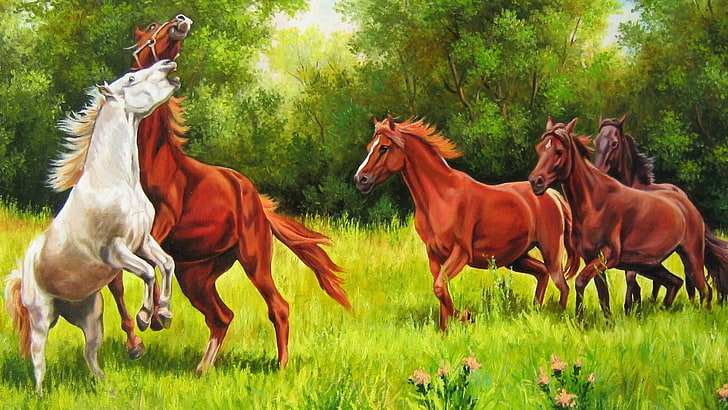 horse, painting, oil painting, art, mare, horses, mustang horse, HD wallpaper