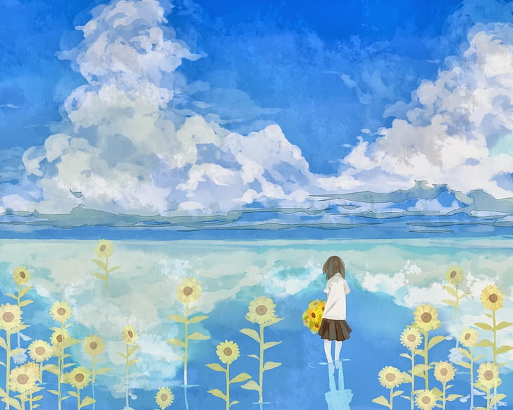 artwork, anime girls, sunflowers, sky, reflection, clouds, cloud - sky, HD wallpaper