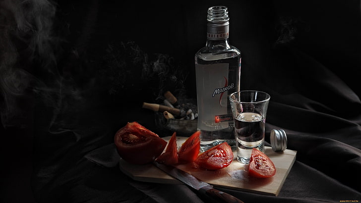 clear glass liquor bottle and shot glass, lunch, alcohol, tomatoes