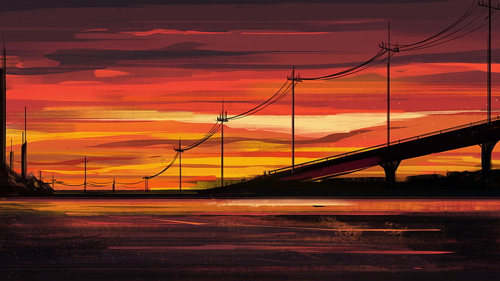 artwork, illustration, sunset, orange color, sky, connection, HD wallpaper