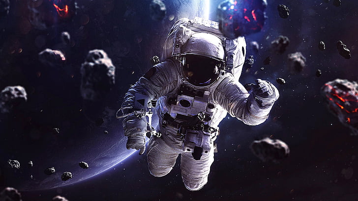 astronaut, universe, rock, darkness, space, digital art, outer space