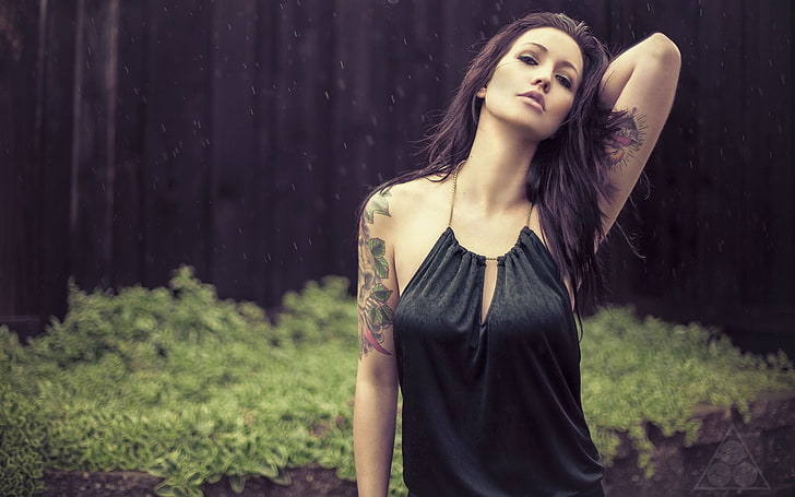 women, wet body, wet hair, rain, tattoo, one person, young adult