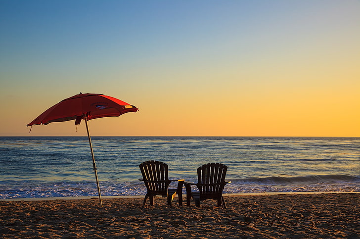 two brown armchairs, beach, sunset, sea, sand, relaxation, minimalism